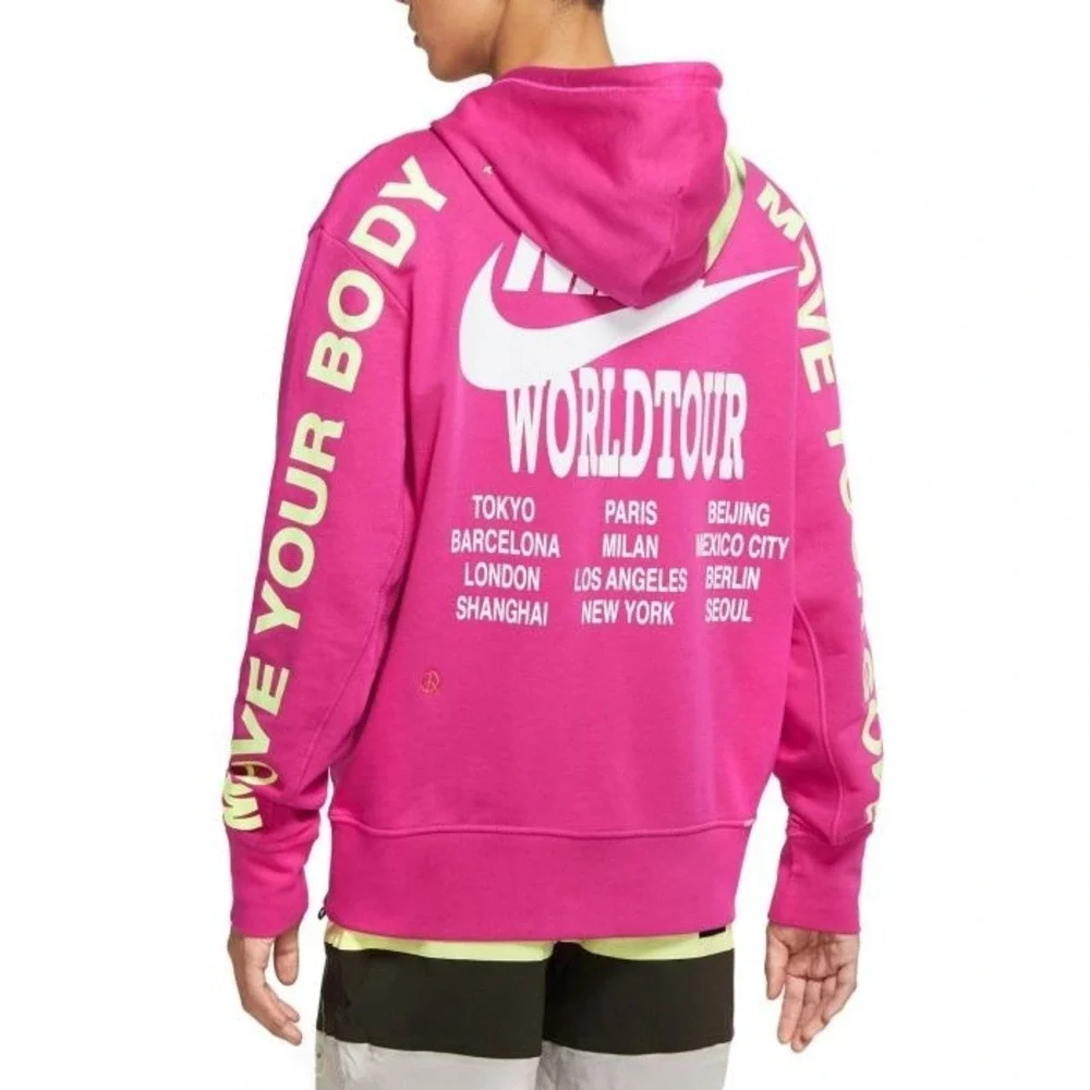 Nike World Tour Pink Hoodie Graphic Smiley Face French Terry Size M Unisex‎